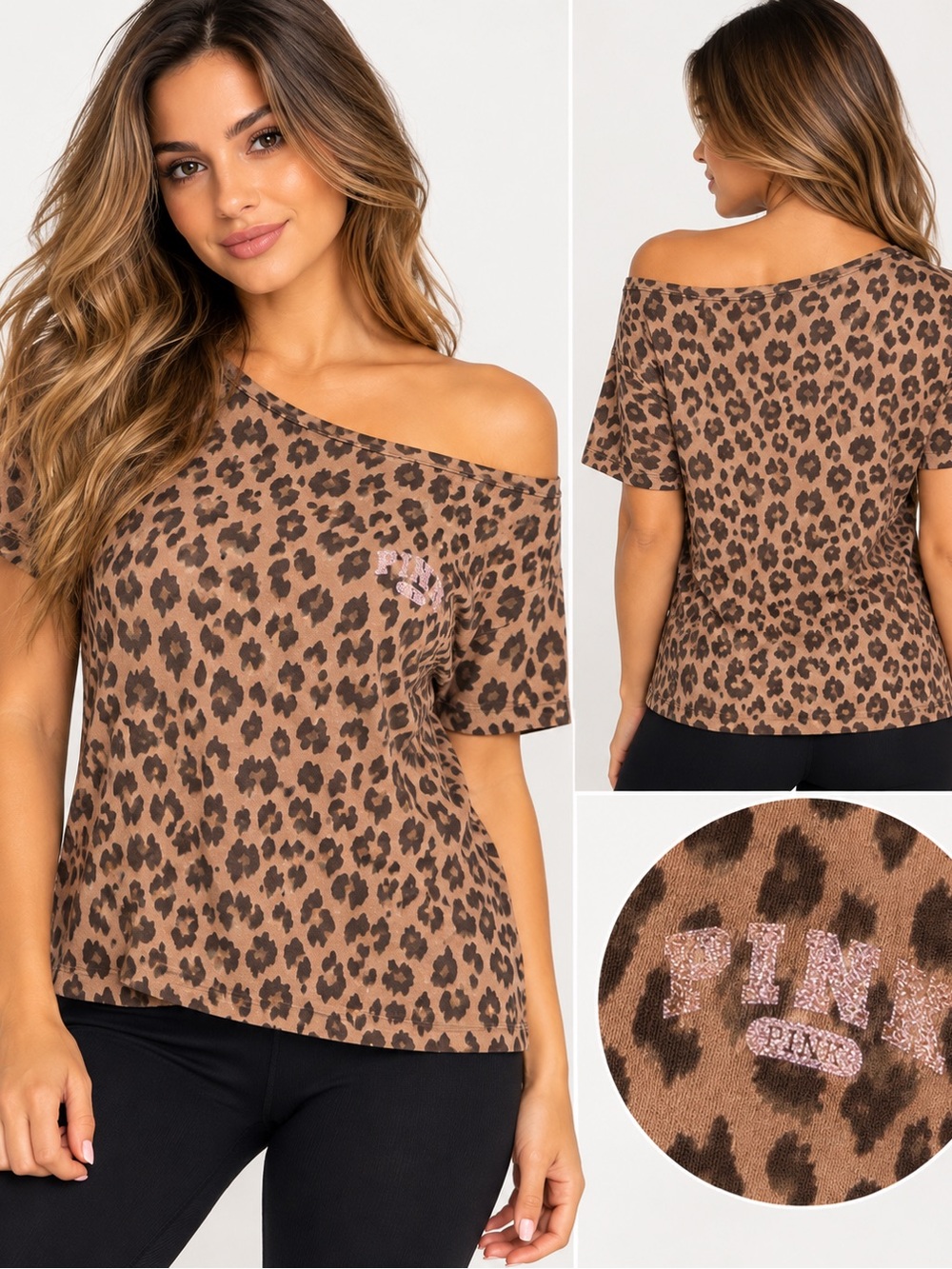 PINK Victoria's Secret Leopard Print Short Sleeve Top - Brown & Black Sz XS NWT